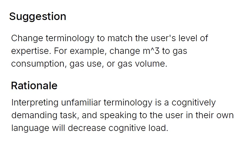 Text with a suggestion to change technical terminology (e.g., m³) to simpler terms like gas consumption, and a rationale explaining this reduces cognitive load for users.
