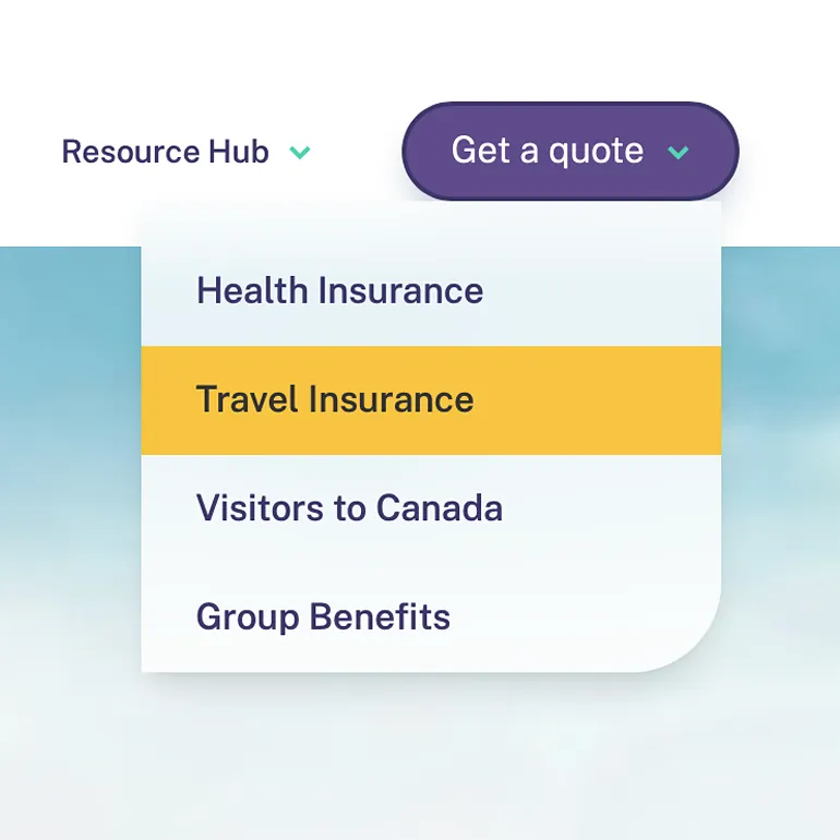 GMS website navigation dropdown under Get a quote with Travel Insurance highlighted