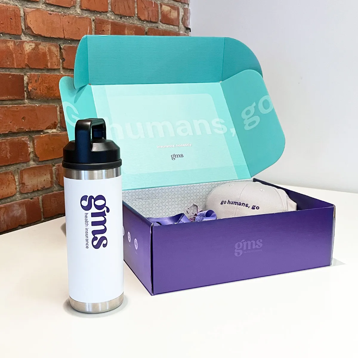 Two GMS roll-up banners promoting health, travel, visitor, and group insurance