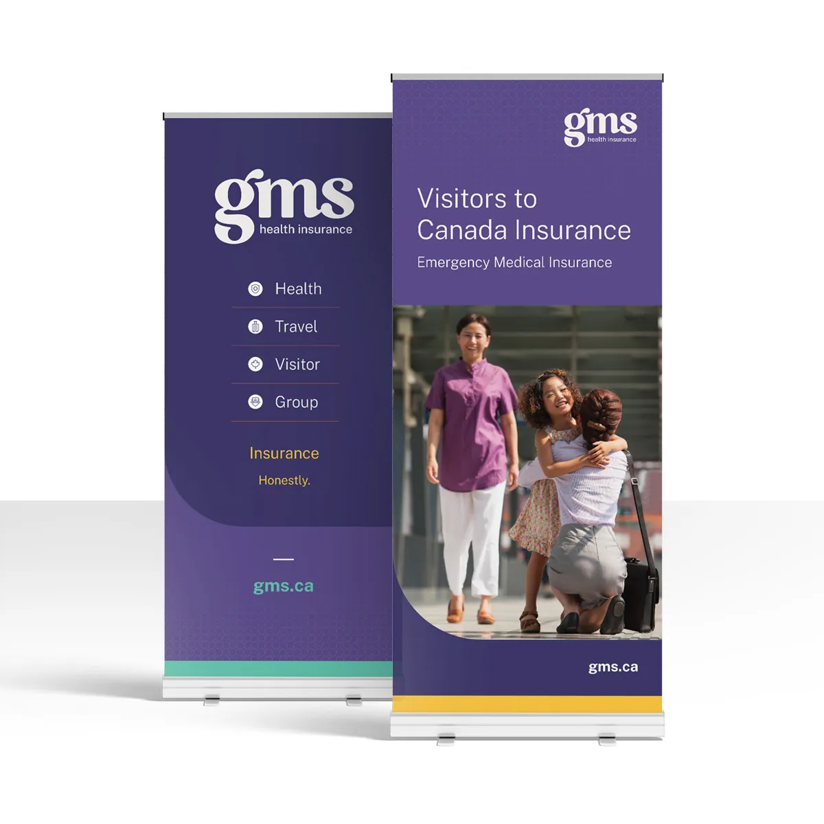 GMS branded welcome kit with a purple gift box and white water bottle
