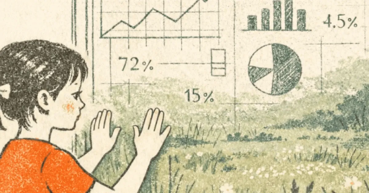 Illustration of a child looking at floating charts and graphs over a grassy field with flowers, symbolizing the relationship between human experience and data insights.