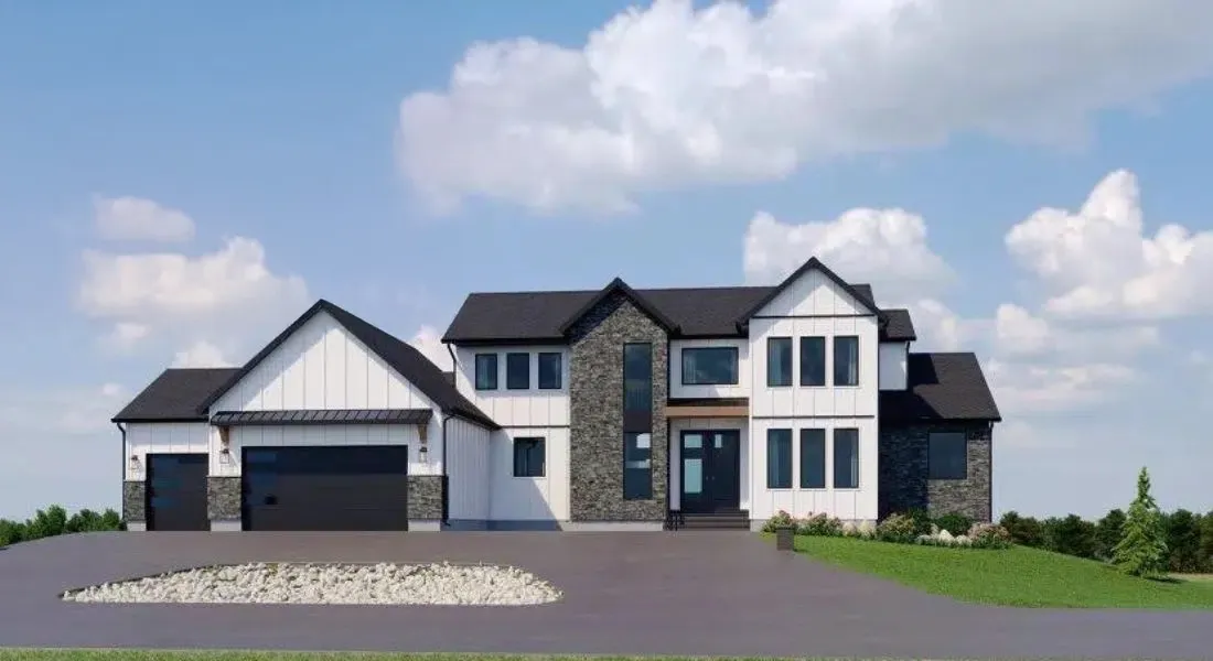 Modern two-story house with black roof, white siding, stone accents, and a three-car garage.