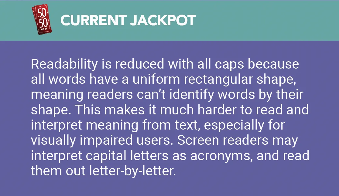 Text slide titled 'Current Jackpot' explaining that all-caps text reduces readability, is harder to interpret, and may cause issues for visually impaired users and screen readers.