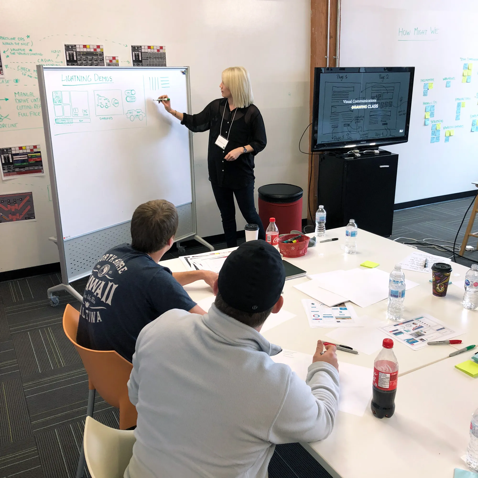 A woman demonstrating something on a whiteboard to a group of people.