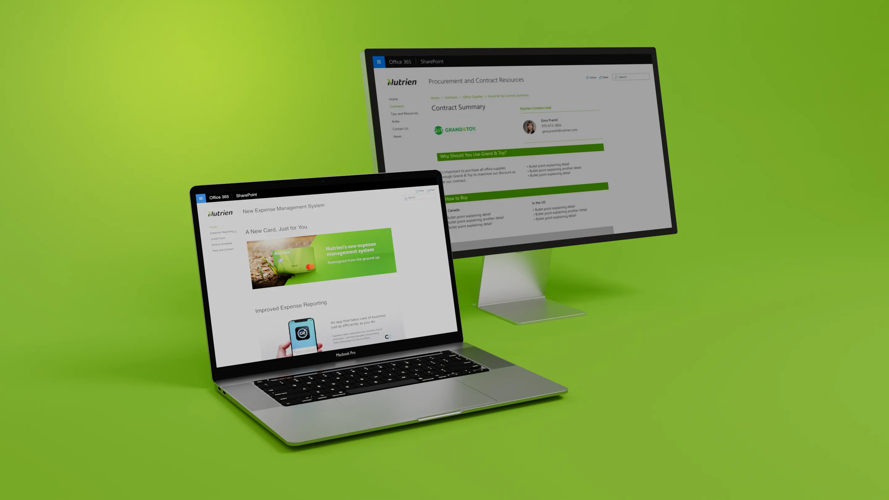 Laptop and desktop monitor displaying Nutrien procurement and contract resource pages