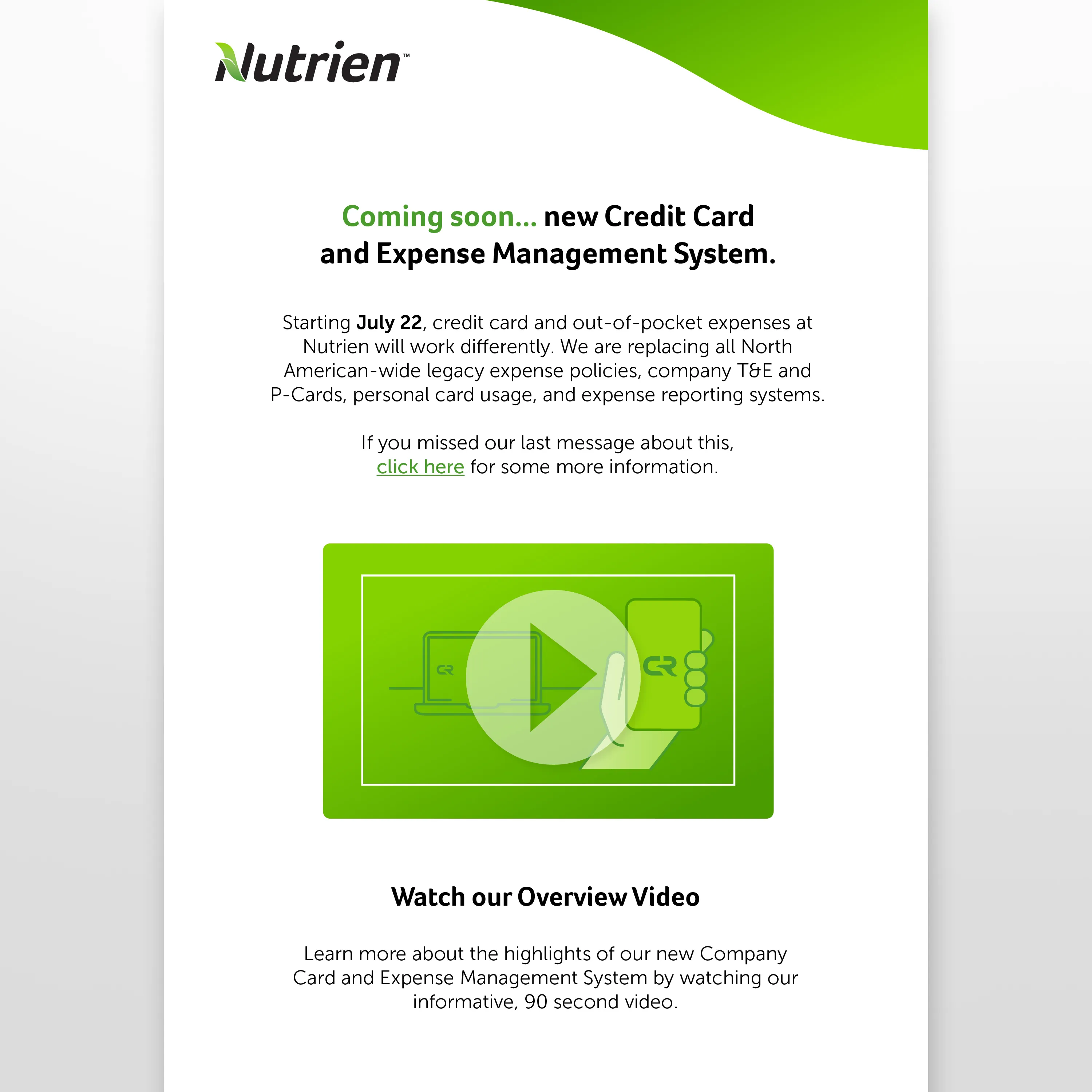 A Nutrien branded email template informign readers of an upcoming credit card and expense management system.