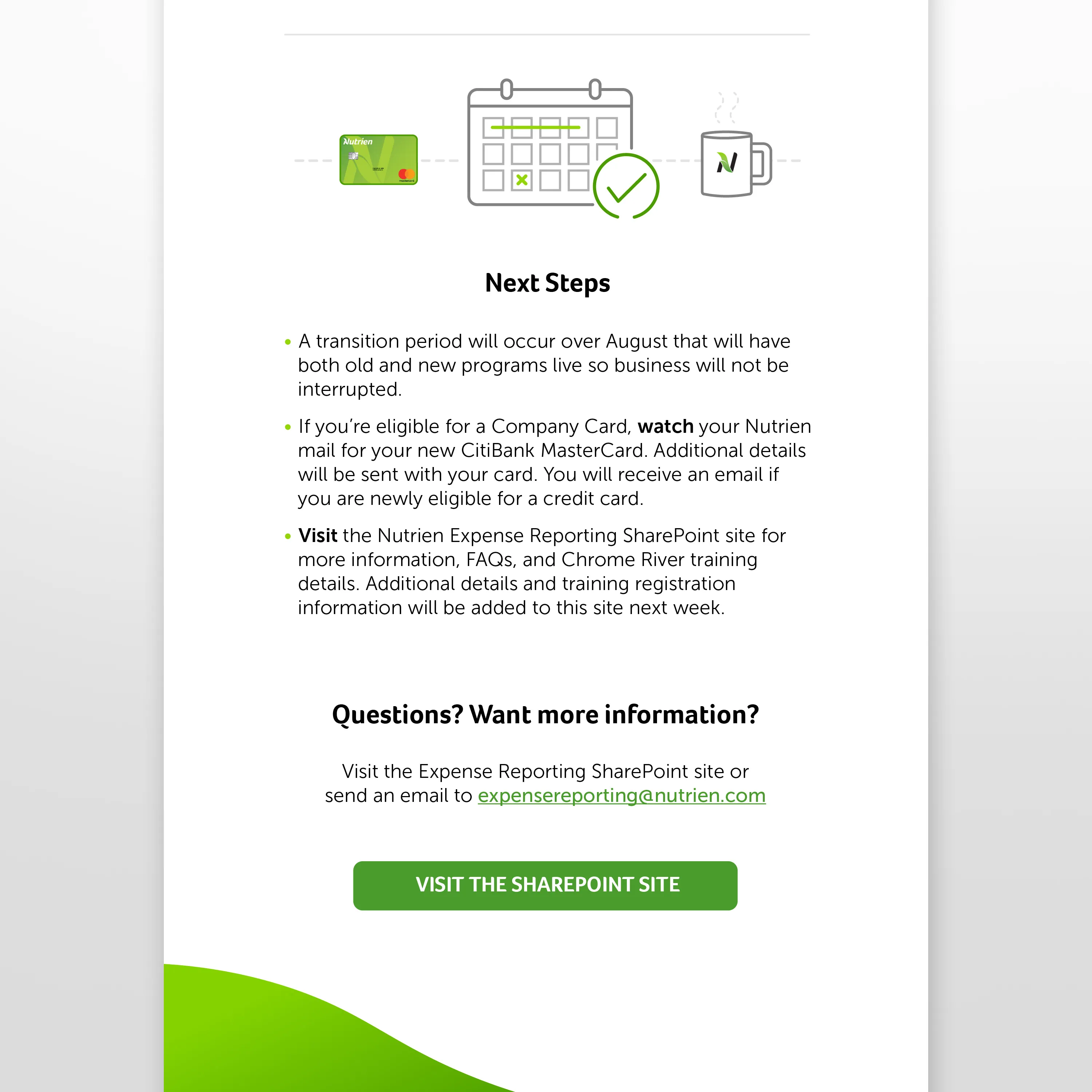 A Nutrien branded email template explaining next steps to be taken regarding the new expense management system.