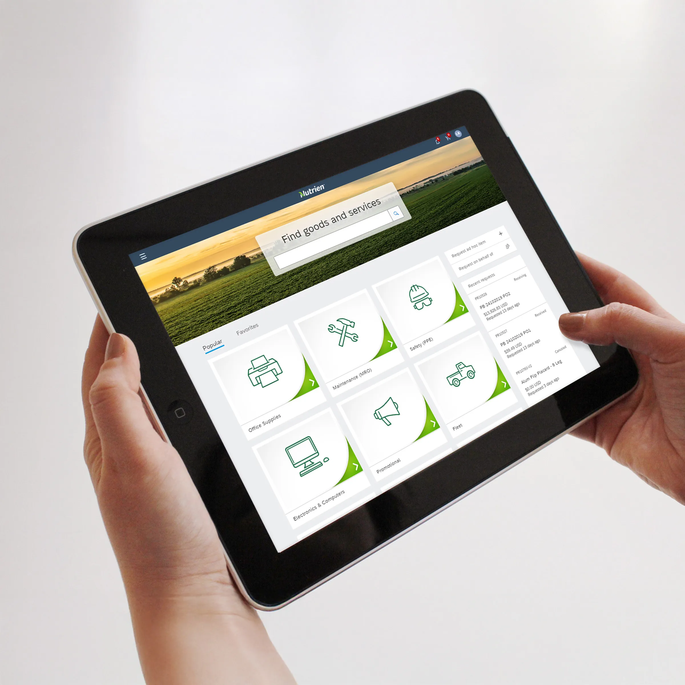 A mockup of an iPad with a Nutrien branded interface