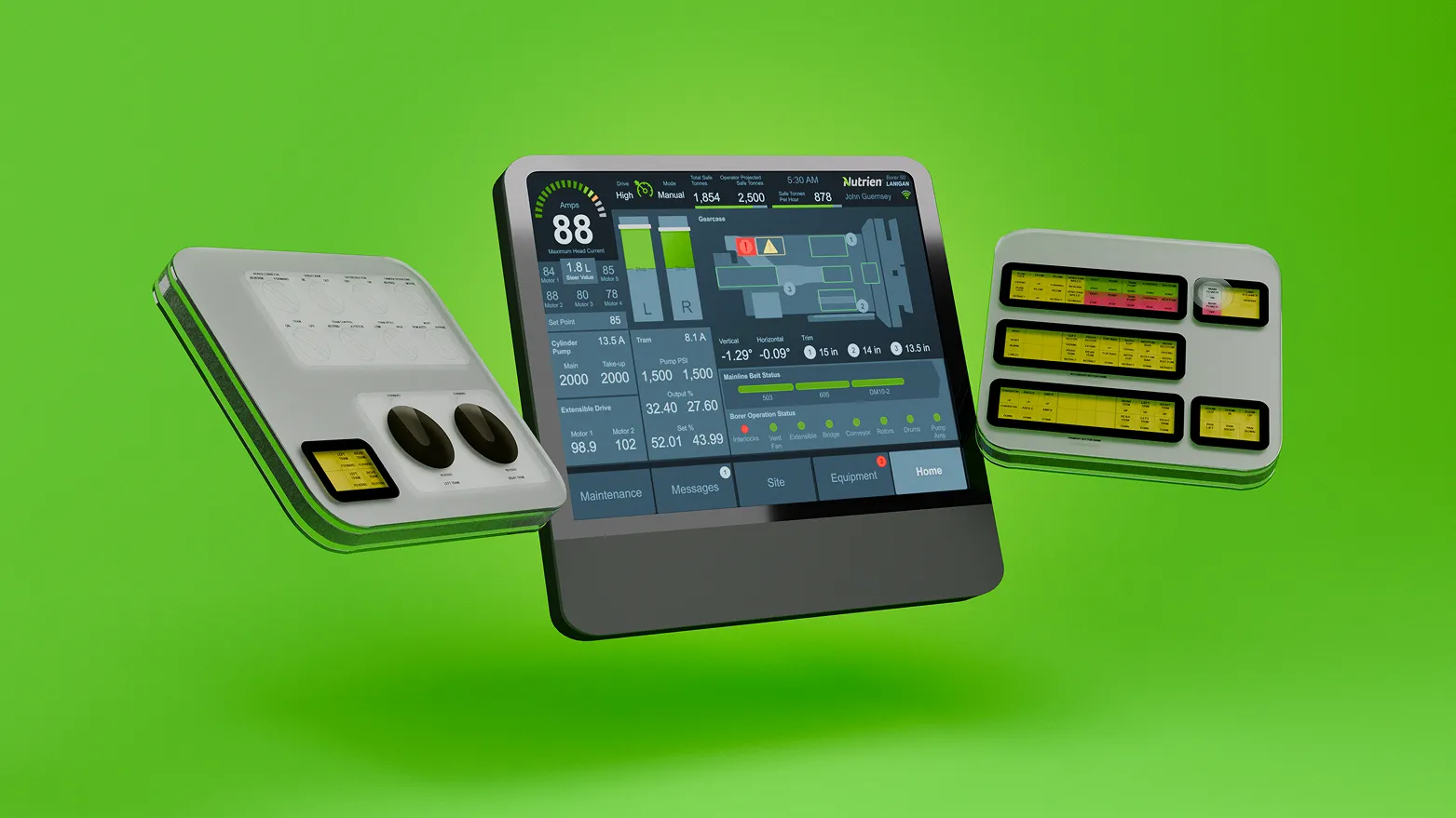 3D render of tele-remote mining interface prototypes with a central dashboard and side control panels
