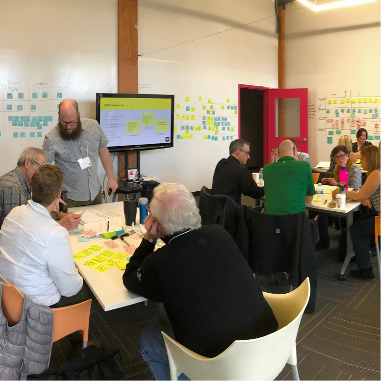 Workshop participants collaborating at tables in a room covered with sticky notes