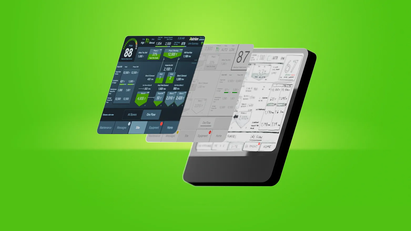 Mine operations staff reviewing control-panel mockups beside a tablet in an industrial space