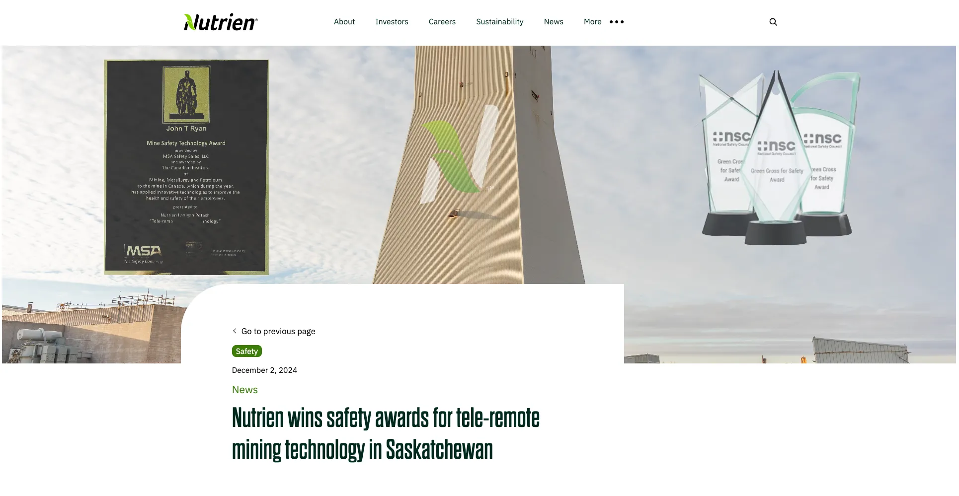 Screenshot of a Nutrien news article announcing safety awards for tele-remote mining technology