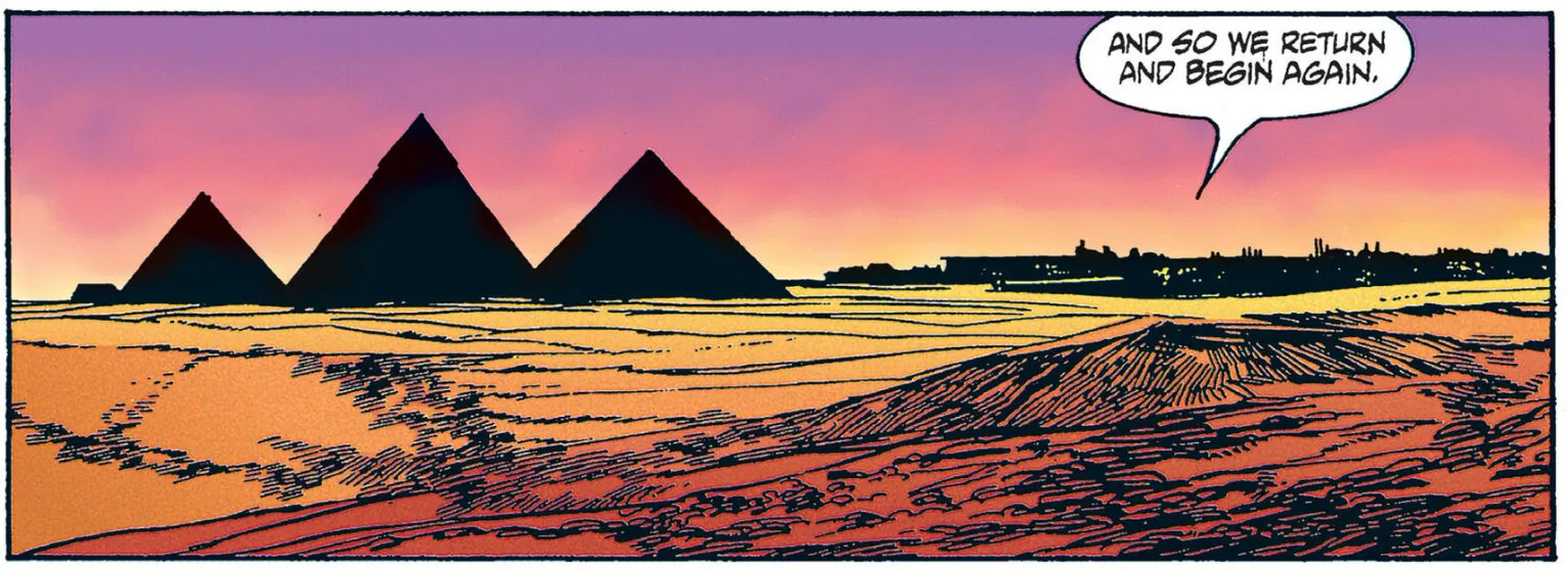Illustration of the pyramids of Giza at sunset, with a gradient sky fading from purple to orange. In the foreground are desert dunes, and in the background, a silhouetted city skyline. A speech bubble in the sky reads, “And so we return and begin again.”