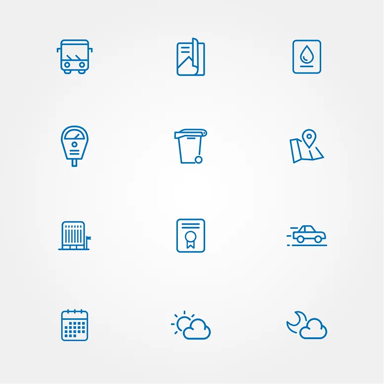 Set of blue line icons for city services on a white background