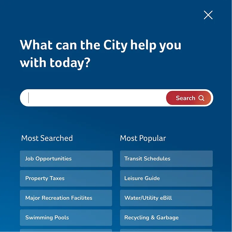 City of Regina mobile search overlay with a search bar and quick links