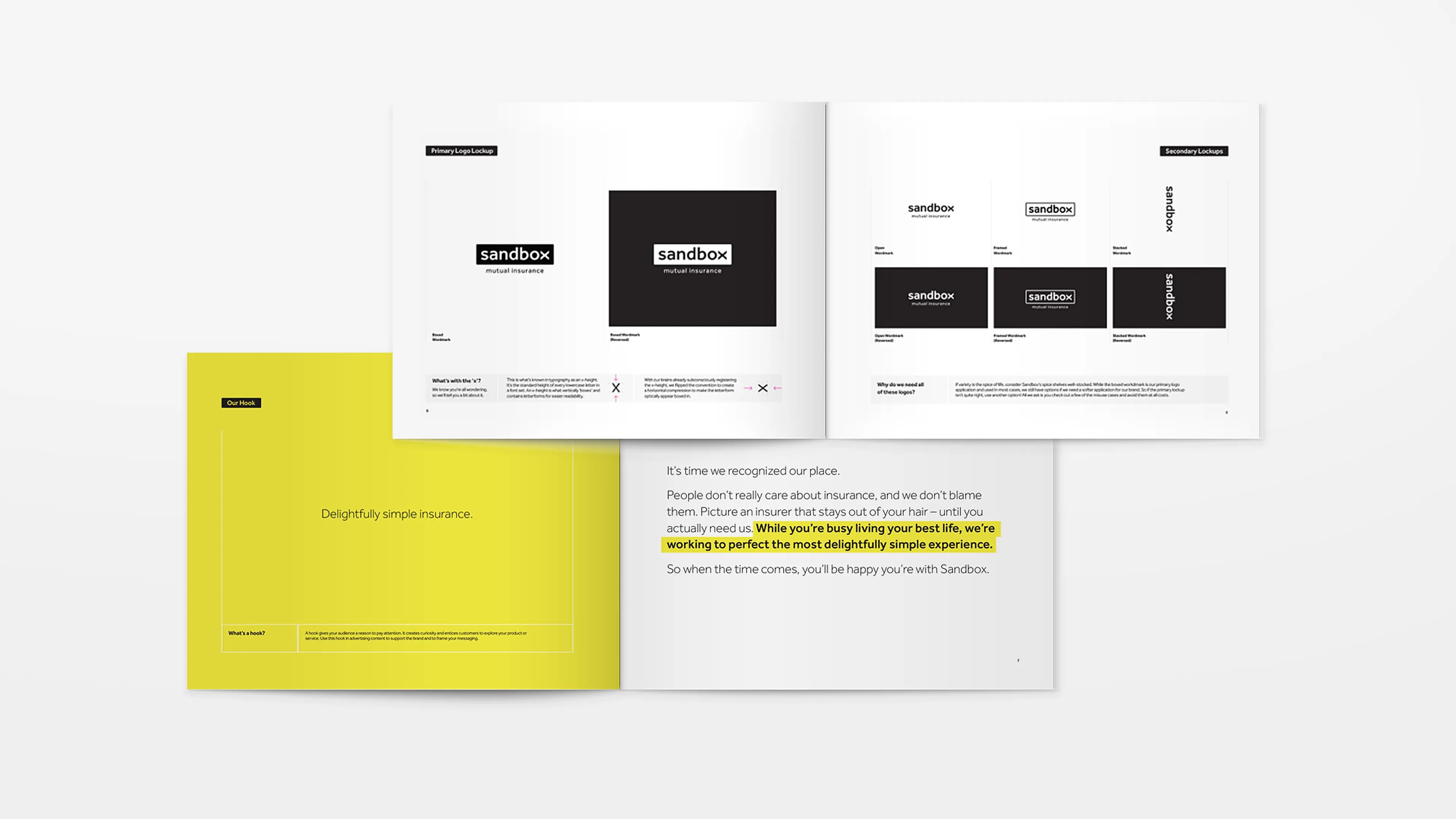 Sandbox brand guidelines spread with logo lockups and messaging