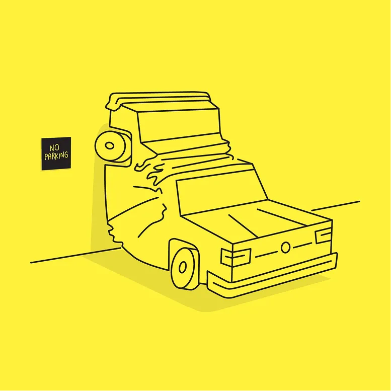 Line illustration of a car on a yellow background with a no-parking sign