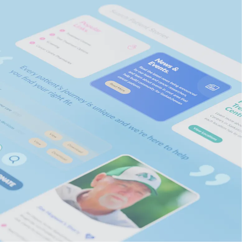 Angled layout of Sask Cancer Agency interface cards, event panel, and patient profile components