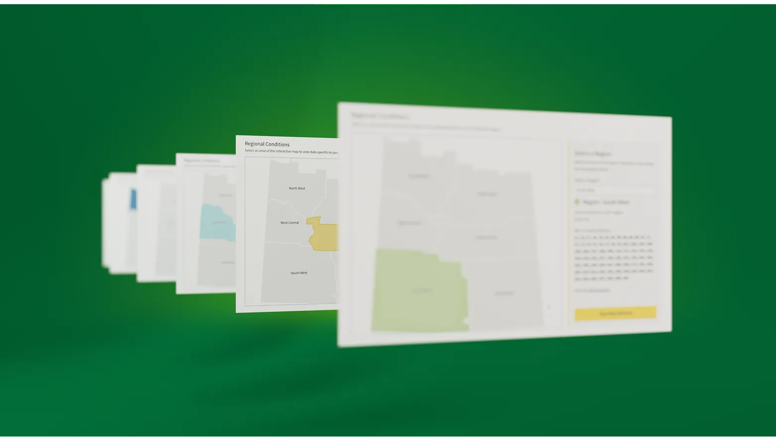 Stacked regional conditions dashboard panels floating in perspective on a green background