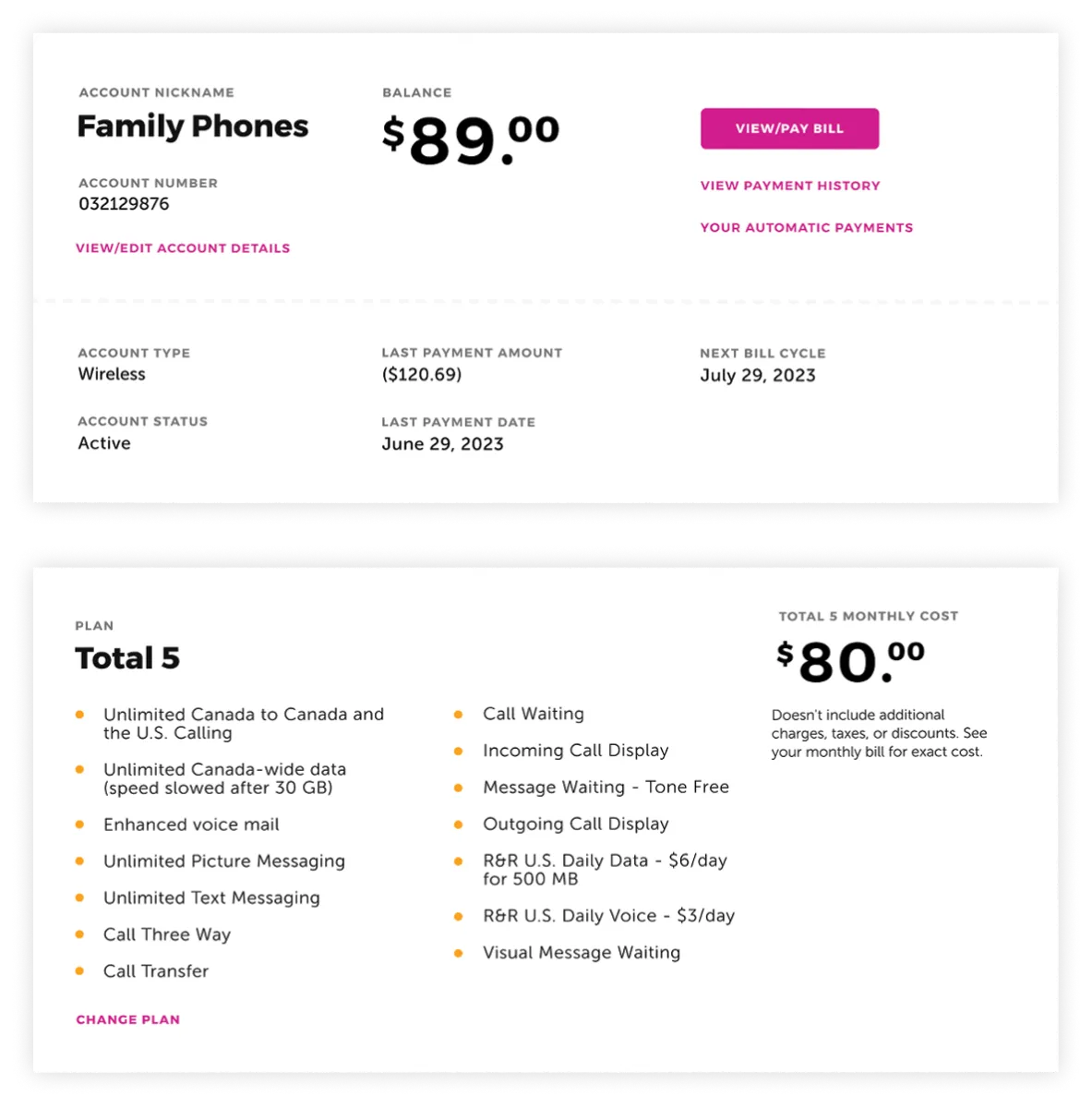 A digital screenshot of a wireless account billing summary and plan details.