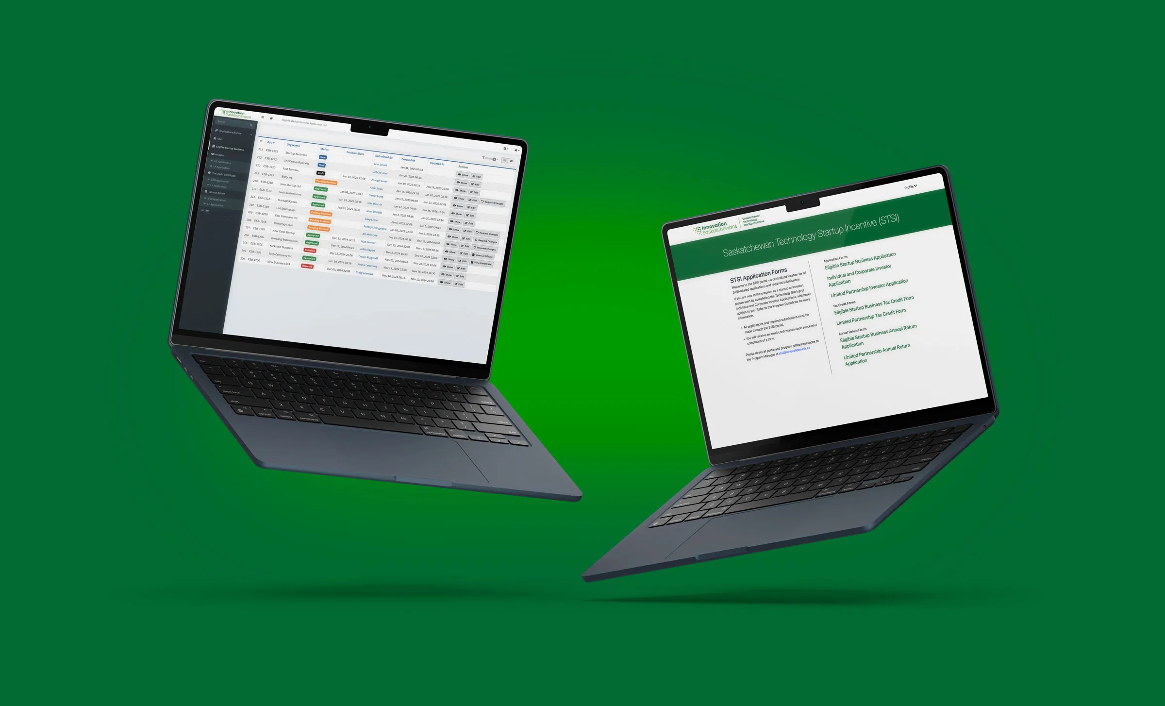 Two floating laptops displaying the Saskatchewan Technology Startup Incentive dashboard and application form on a green background