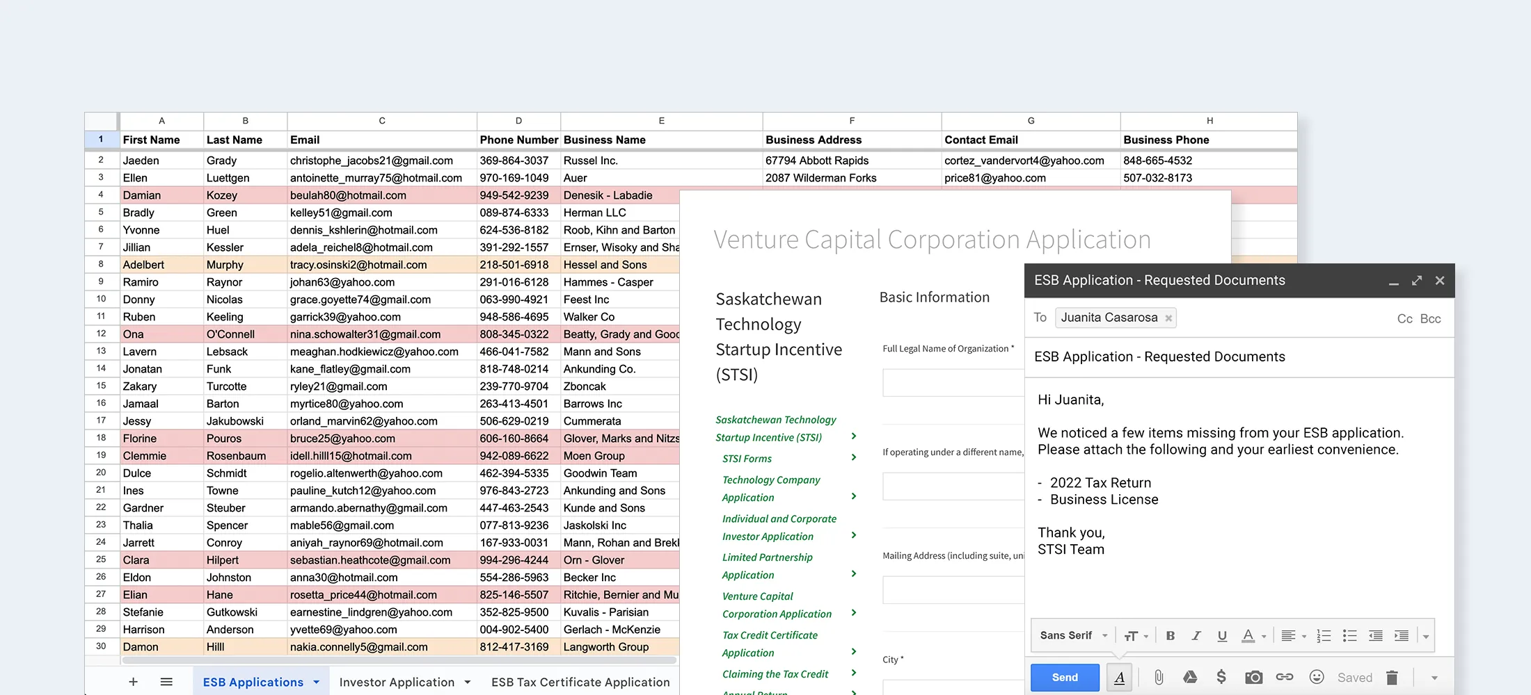 A desktop view shows a spreadsheet of business contacts, a Venture Capital Corporation Application form, and an email requesting missing documents for an ESB application.