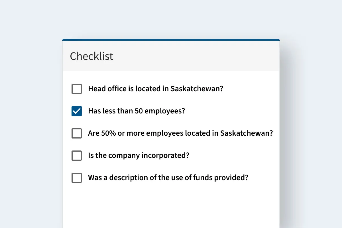 A checklist with questions like 'Head office is located in Saskatchewan?' and 'Has less than 50 employees?', where the second item is checked.